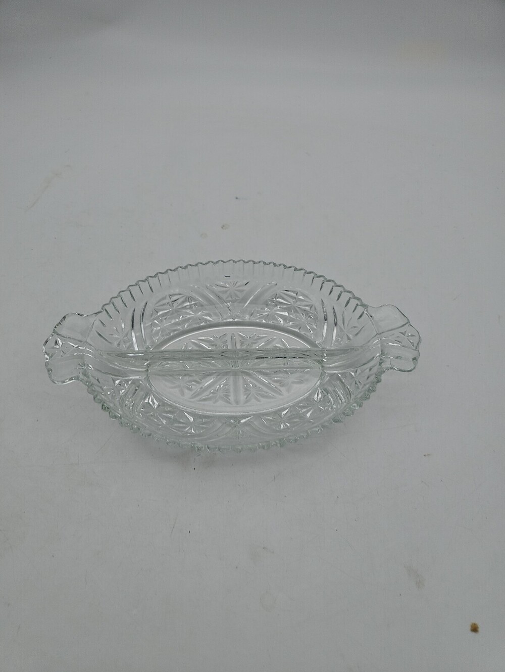 10" Clear Glass Oval Divided Relish Dish "Stars & Bars" Pattern Anchor Hocking